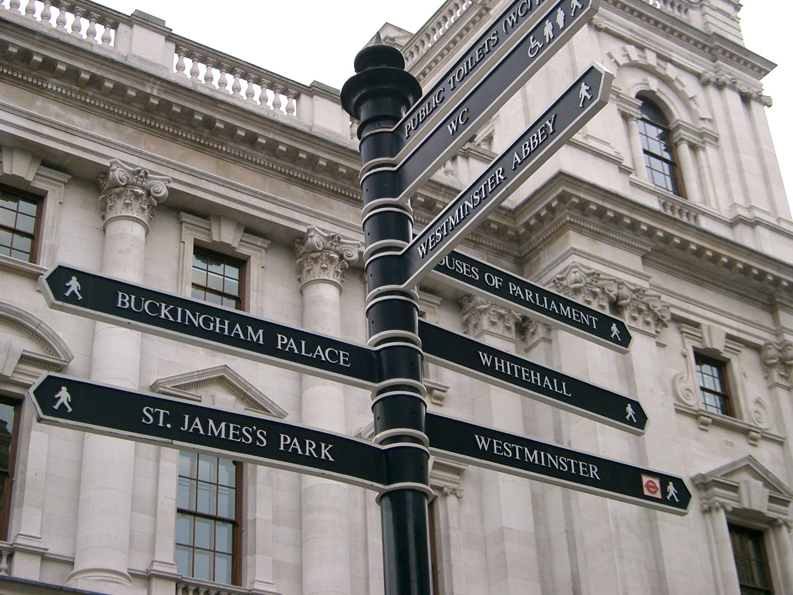 A signpost in London directing to a bunch of different landmarks